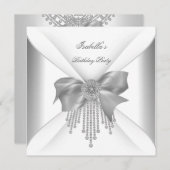 バースデーパーティーシルバーホワイトダイヤモンドボウ 招待状 (正面/裏面)