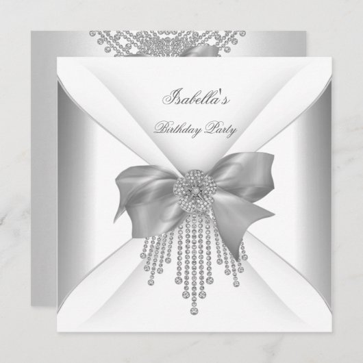 バースデーパーティーシルバーホワイトダイヤモンドボウ 招待状 (正面/裏面)