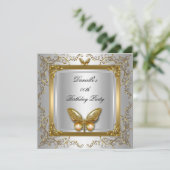 バースデーパーティーシルバーホワイト金ゴールド蝶 招待状 (スタンド正面)