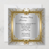バースデーパーティーシルバーホワイト金ゴールド蝶 招待状 (裏面)