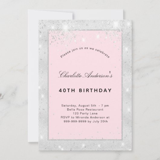 バースデーパーティーシルバー赤面ピンクグリッター 招待状 (正面)