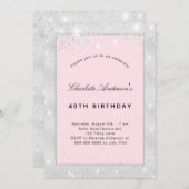 バースデーパーティーシルバー赤面ピンクグリッター 招待状 (正面/裏面)