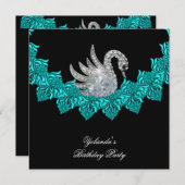 バースデーパーティースクンティール(緑がかった色)ブルーフローラブラック 招待状 (正面/裏面)