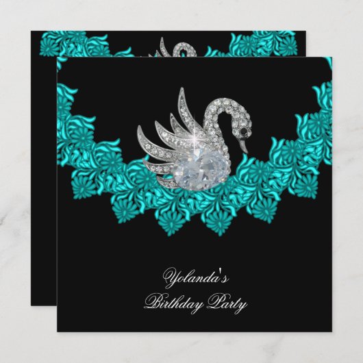 バースデーパーティースクンティール(緑がかった色)ブルーフローラブラック 招待状 (正面/裏面)