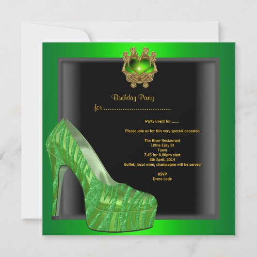 バースデーパーティースシューズ金ゴールドライムグリーンブラックゼブラ 招待状 (裏面)