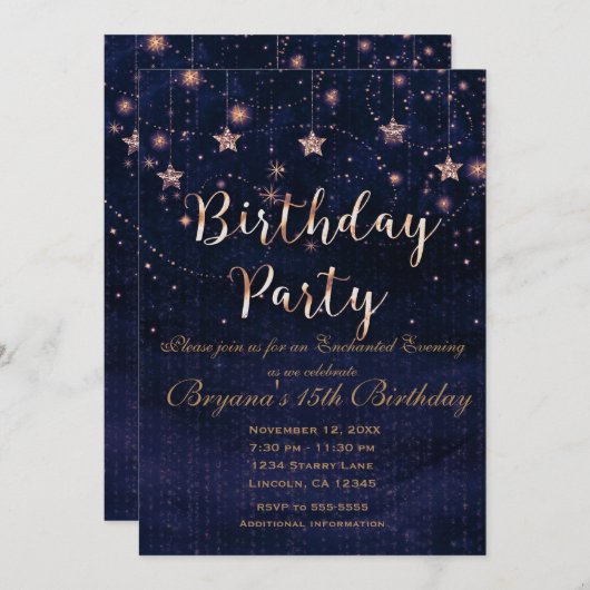 バースデーパーティースターリーナイトお洒落パープル金ゴールド 招待状 (正面/裏面)