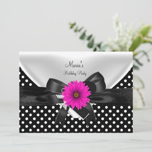 バースデーパーティースポット水玉模様白黒ピンク4 招待状 (スタンド正面)