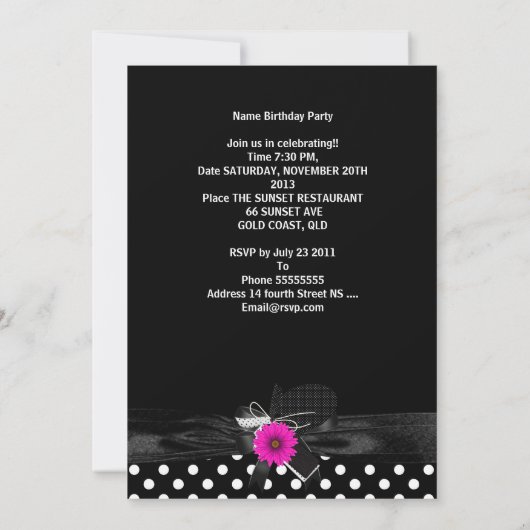 バースデーパーティースポット水玉模様白黒ピンク4 招待状 (裏面)
