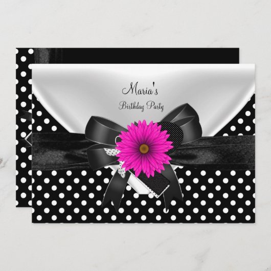 バースデーパーティースポット水玉模様白黒ピンク4 招待状 (正面/裏面)