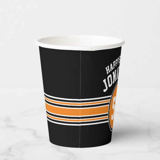 バースデーパーティースポーティストライプー&エイジ – オレンジブラック 紙コップ (右)