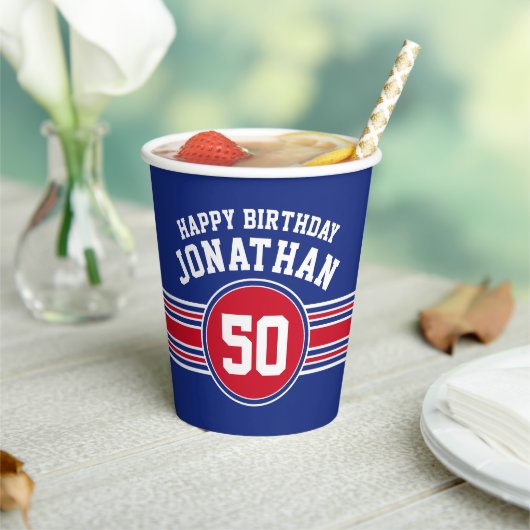 バースデーパーティースポーティストライプー&年齢 – 赤ブルー 紙コップ (インサイチュ)