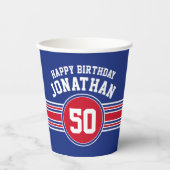 バースデーパーティースポーティストライプー&年齢 – 赤ブルー 紙コップ (正面)