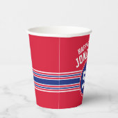 バースデーパーティースポーティストライプー&年齢 – 赤ブルー 紙コップ (右)