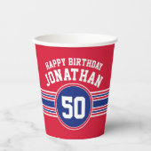 バースデーパーティースポーティストライプー&年齢 – 赤ブルー 紙コップ (正面)