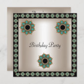 バースデーパーティーセピアブラックティール(緑がかった色)アールデコ 招待状 (正面/裏面)