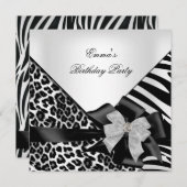バースデーパーティーゼブラヒョウエレガント白黒 招待状 (正面/裏面)