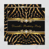 バースデーパーティーゼブラブラック金ゴールドダイヤモンド 招待状 (正面/裏面)
