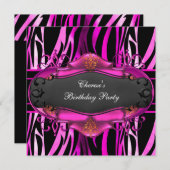 バースデーパーティーゼブラホットピンクアニマルプリントブラック 招待状 (正面/裏面)