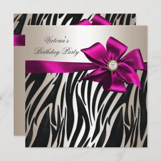 バースデーパーティーゼブラホワイトクリームブラックピンク 招待状 (正面/裏面)