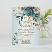 バースデーパーティーターコイズホワイトフラワー離れ金ゴールド 招待状 (スタンド正面)