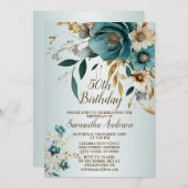 バースデーパーティーターコイズホワイトフラワー離れ金ゴールド 招待状 (正面/裏面)