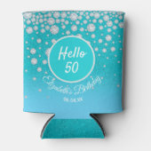 バースデーパーティーダイヤモンドティール（緑がかった色）ブルーグリッター女性 缶クーラー (正面)