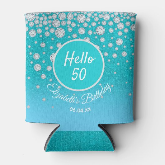 バースデーパーティーダイヤモンドティール（緑がかった色）ブルーグリッター女性 缶クーラー (正面)