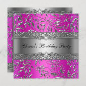 バースデーパーティーダイヤモンドホットピンクフローラシルバー 招待状 (正面/裏面)