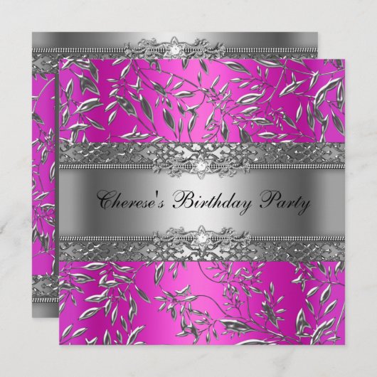 バースデーパーティーダイヤモンドホットピンクフローラシルバー 招待状 (正面/裏面)