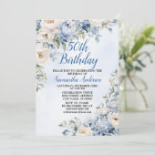 バースデーパーティーダスティブルーウォーターカラーアイボリー花 招待状 (スタンド正面)