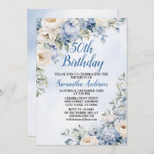 バースデーパーティーダスティブルーウォーターカラーアイボリー花 招待状 (正面/裏面)