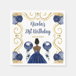 バースデーパーティーダークスキンプリンセスインネイビーブルー スタンダードカクテルナプキン