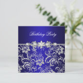 バースデーパーティーダークブルーフローラダマスクシルバー 招待状 (スタンド正面)