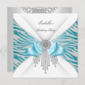 バースデーパーティーティール（緑がかった色）シルバーホワイトゼブラダイヤモンドボウ 招待状 (正面/裏面)