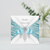 バースデーパーティーティール（緑がかった色）シルバーホワイトゼブラダイヤモンドボウ 招待状 (スタンド正面)