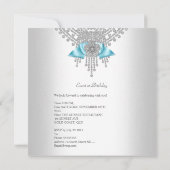 バースデーパーティーティール（緑がかった色）シルバーホワイトゼブラダイヤモンドボウ 招待状 (裏面)