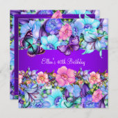 バースデーパーティーティール（緑がかった色）パープルブルーピンクバタフライ 招待状 (正面/裏面)