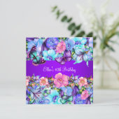 バースデーパーティーティール（緑がかった色）パープルブルーピンクバタフライ 招待状 (スタンド正面)