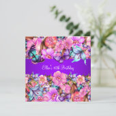 バースデーパーティーティール(緑がかった色)パープルブルーピンクバタフライ 招待状 (スタンド正面)