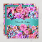 バースデーパーティーティール(緑がかった色)ピンクブルーピンクバタフライ 招待状 (正面/裏面)