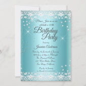 バースデーパーティーティール（緑がかった色）ブルーシルバースパークルレース 招待状 (正面)