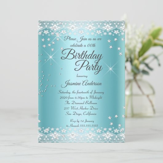 バースデーパーティーティール(緑がかった色)ブルーシルバースパークルレース 招待状 (スタンド正面)