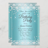 バースデーパーティーティール(緑がかった色)ブルーシルバースパークルレース 招待状 (正面/裏面)