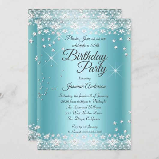 バースデーパーティーティール（緑がかった色）ブルーシルバースパークルレース 招待状 (正面/裏面)