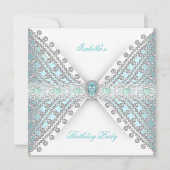 バースデーパーティーティール(緑がかった色)ブルーシルバーホワイトダイヤモンド2 招待状 (正面)