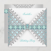 バースデーパーティーティール(緑がかった色)ブルーシルバーホワイトダイヤモンド 招待状 (正面/裏面)