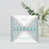 バースデーパーティーティール(緑がかった色)ブルーシルバーホワイトダイヤモンド 招待状 (スタンド正面)