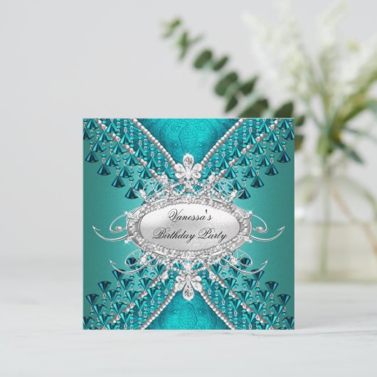 バースデーパーティーティール(緑がかった色)ブルーダイヤモンドビーズ 招待状 (スタンド正面)