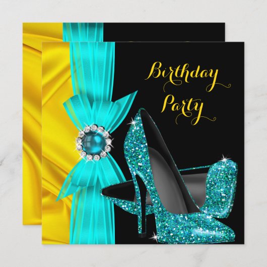 バースデーパーティーティール（緑がかった色）ブルーハイヒールイエローシルク2 招待状 (正面/裏面)