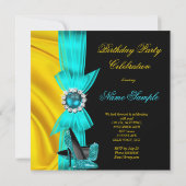バースデーパーティーティール(緑がかった色)ブルーハイヒールイエローシルク2 招待状 (裏面)